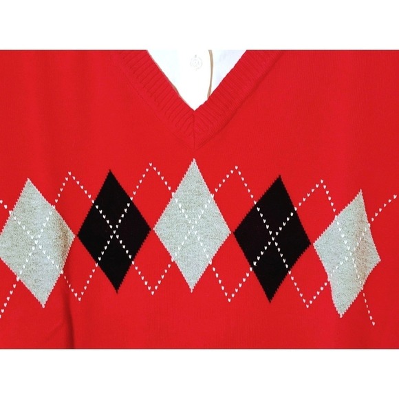 Y2K Cotton Argyle Sweater Red Black French Cuff & Collar Layered Style - Large - Picture 7 of 8